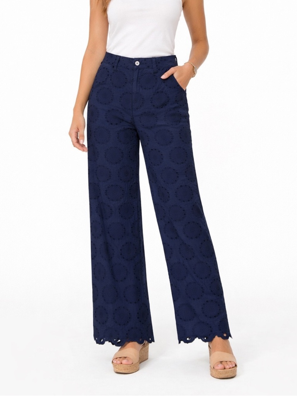 SUNDANCE Navy Blue Eyelet Cutwork Embroidered Cotton Wide Leg Pants Boho 16